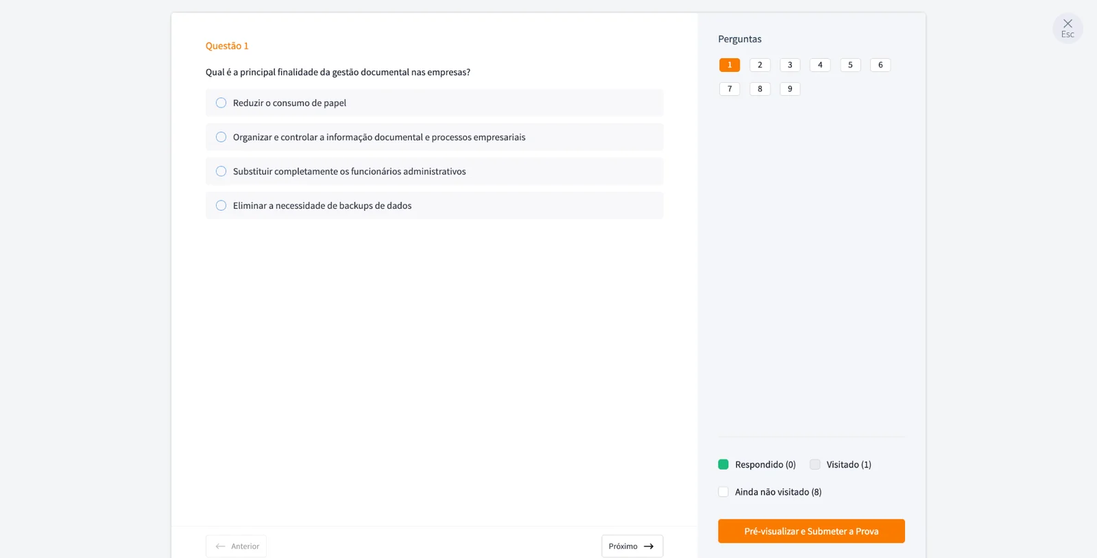 Exemplo de ecrã de avaliação de conhecimentos